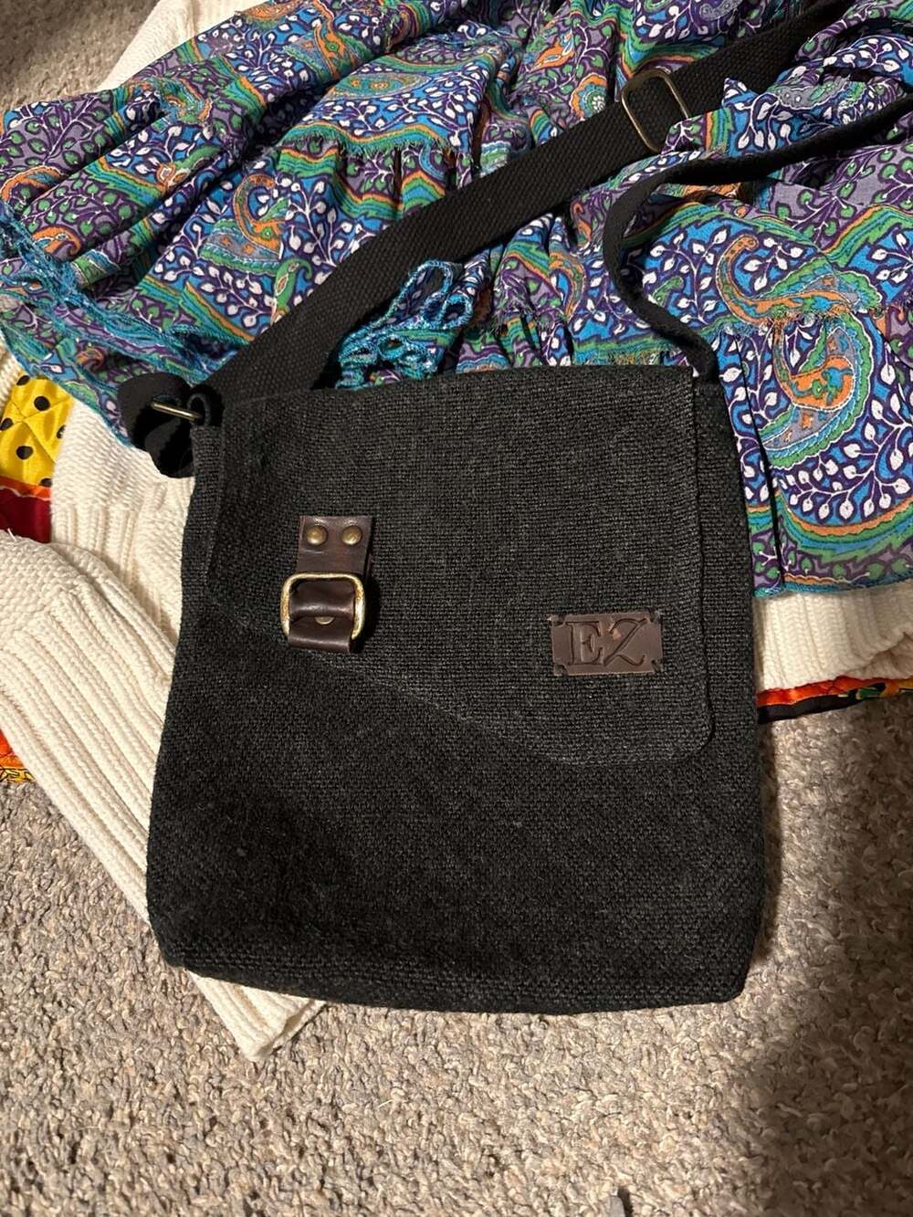 EZ Brand Black Canvas Crossbody Messenger Bag with Faux Leather Buckle Detail